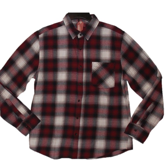 Flannel Shirt Button Up Plaid Cotton Arizona Black Red Ombre Mens Size Medium